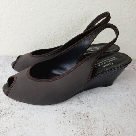 Donald J Pliner Couture Rasy Peep Toe Slingback Canvas Tortoise Wedge Sandal 10M - Picture 1 of 11